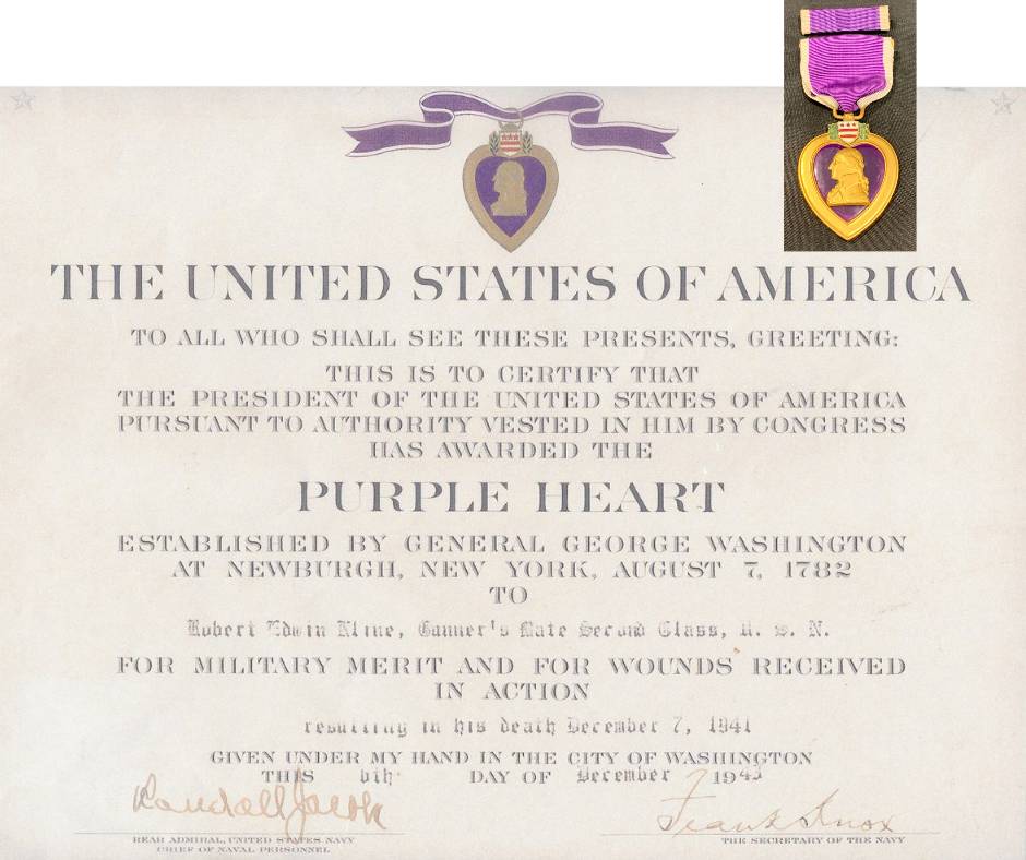 USS Arizona Robert Kline Purple Heart Certificate
