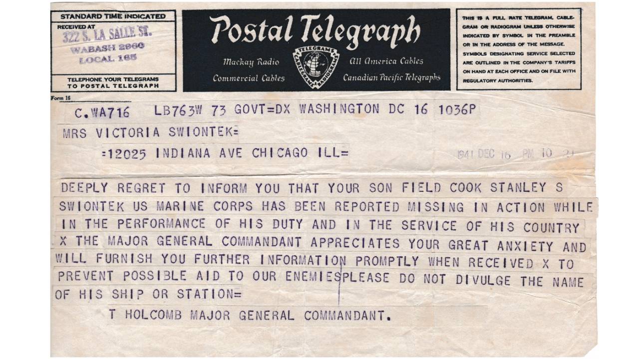 Telegram to Stanley Swiontek mother USS Arizona