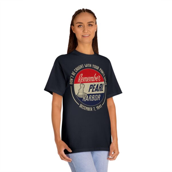 "Don't Be Caught With Your Pants Down" - Remember Pearl Harbor! Vintage Button Design Unisex Classic Tee - Image 8