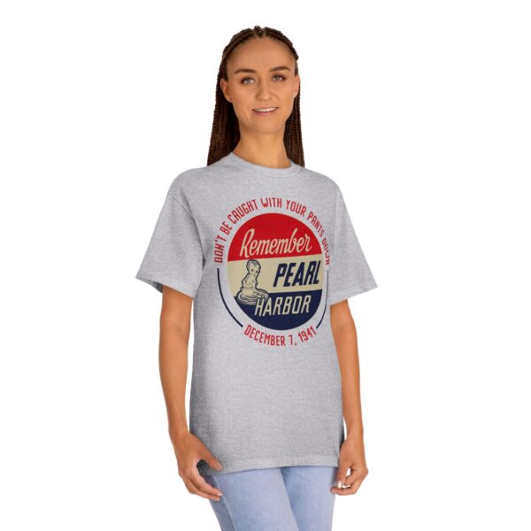 "Don't Be Caught With Your Pants Down" - Remember Pearl Harbor! Vintage Button Design Unisex Classic Tee - Image 12
