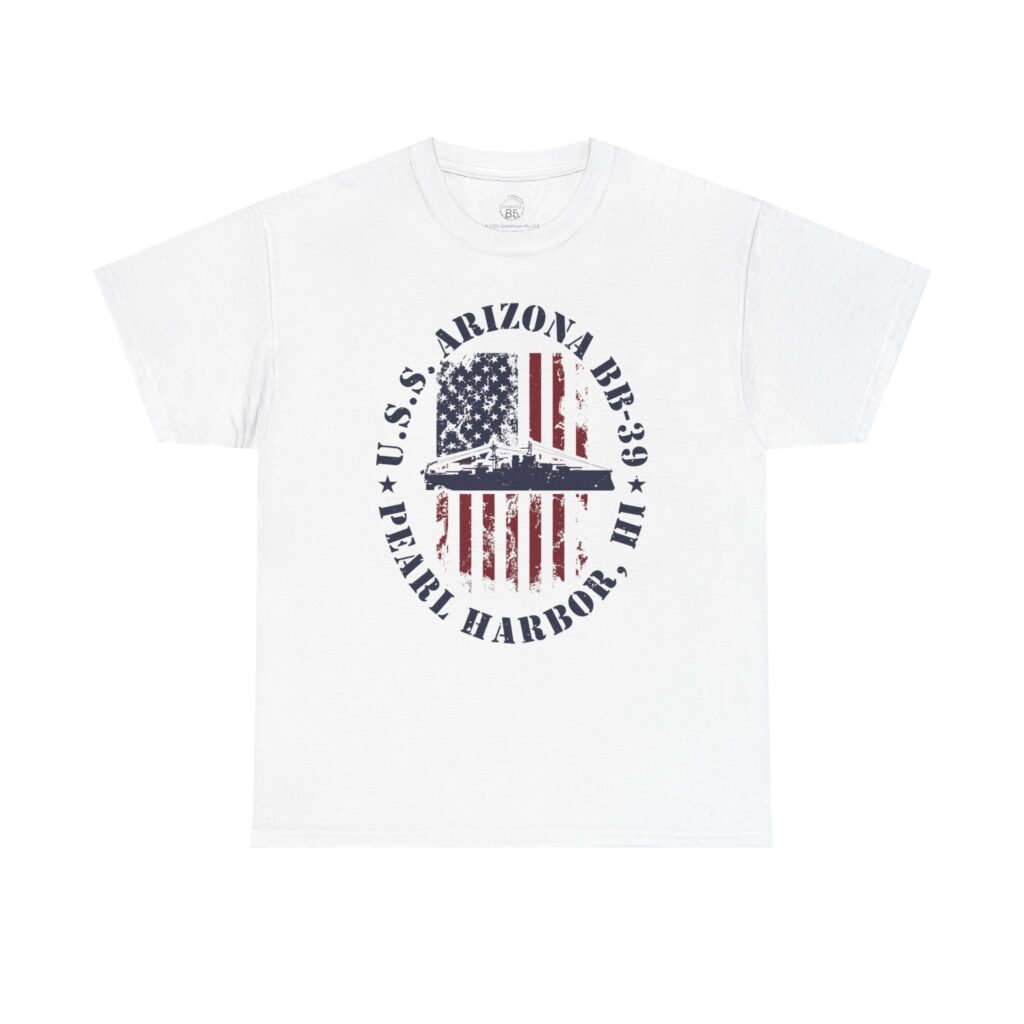 USS Arizona BB-39 American Flag Oval Design w/ Pearl Harbor, HI – Patriotic WWII Tribute Tee