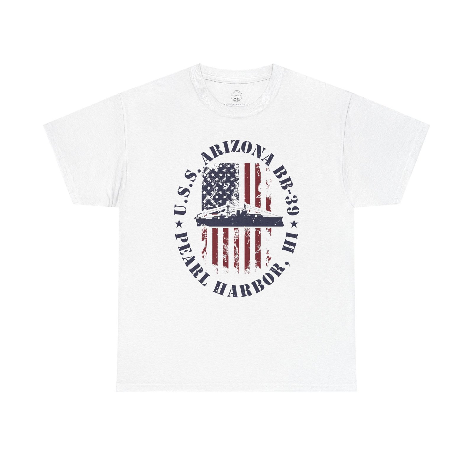 USS Arizona BB-39 American Flag Oval Design w/ Pearl Harbor, HI – Patriotic WWII Tribute Tee