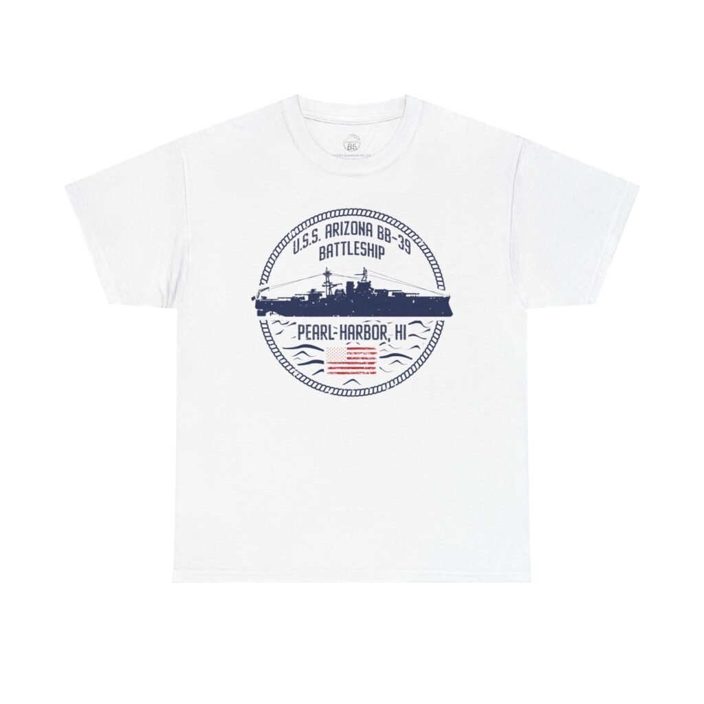 USS Arizona Circle Patriotic Flag Front Logo Unisex Classic Tee – Pearl Harbor WWII Tribute Shirt