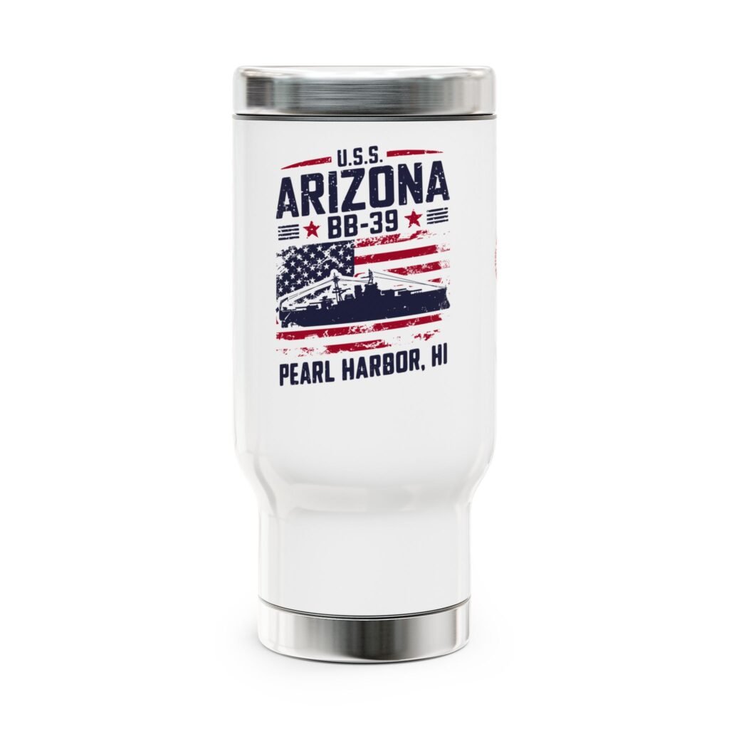 USS Arizona BB-39 Stainless Steel Travel Mug – 14oz Military Gift, Commemorative Mug, Veteran Accessories, Patriotic Travel Mug
