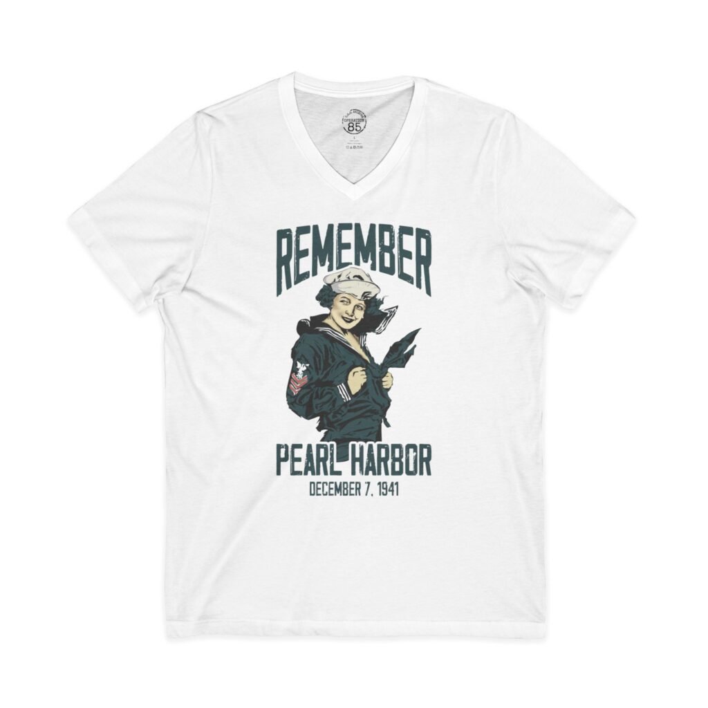 Remember Pearl Harbor Navy Girl V-Neck Tee – Unisex Jersey Short Sleeve Casual Wear, Gifts for Veterans, Memorial Day, Historical Tribute, September 11