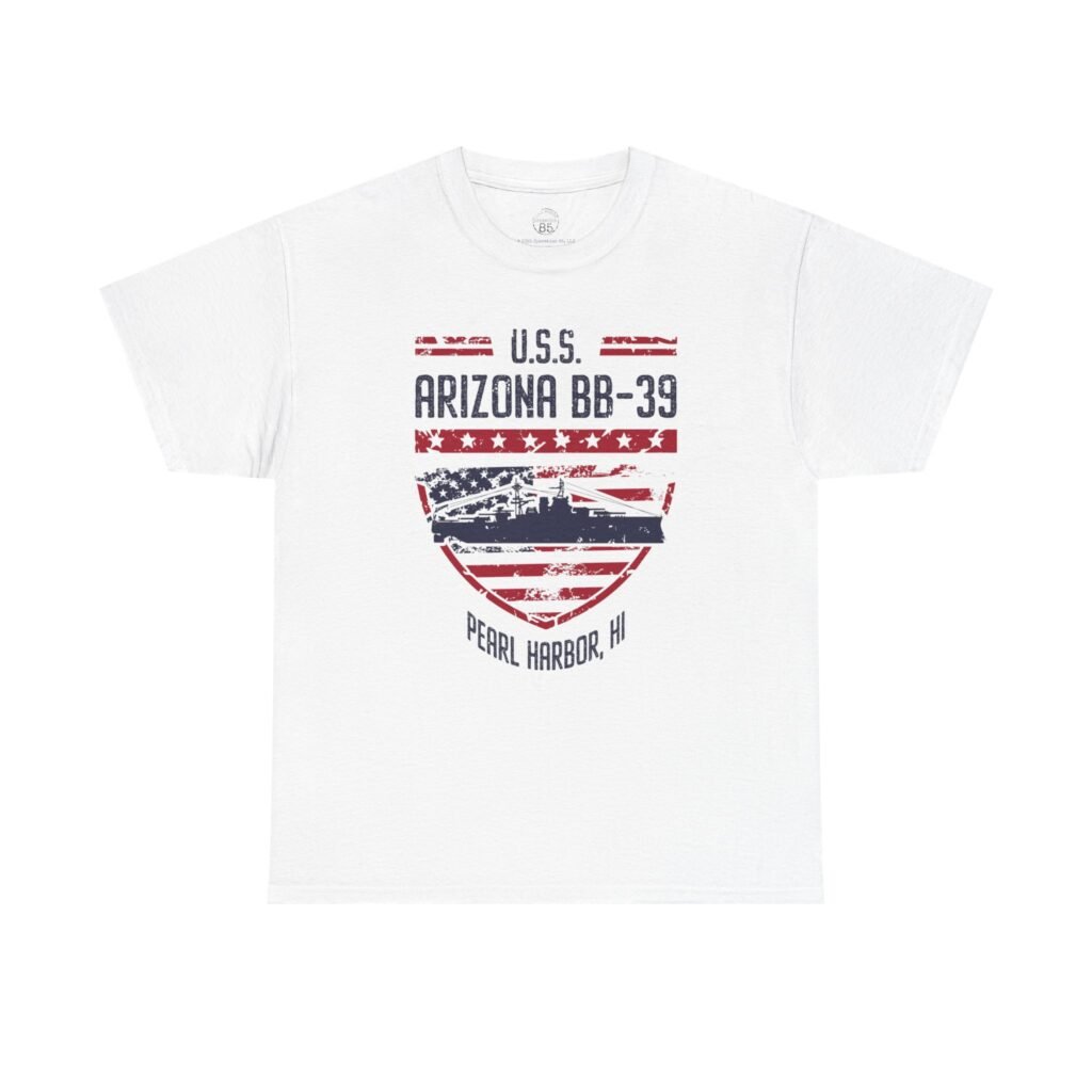 USS Arizona BB-39 Patriotic Shield Tee, Pearl Harbor, HI – Vintage Americana Tribute Shirt