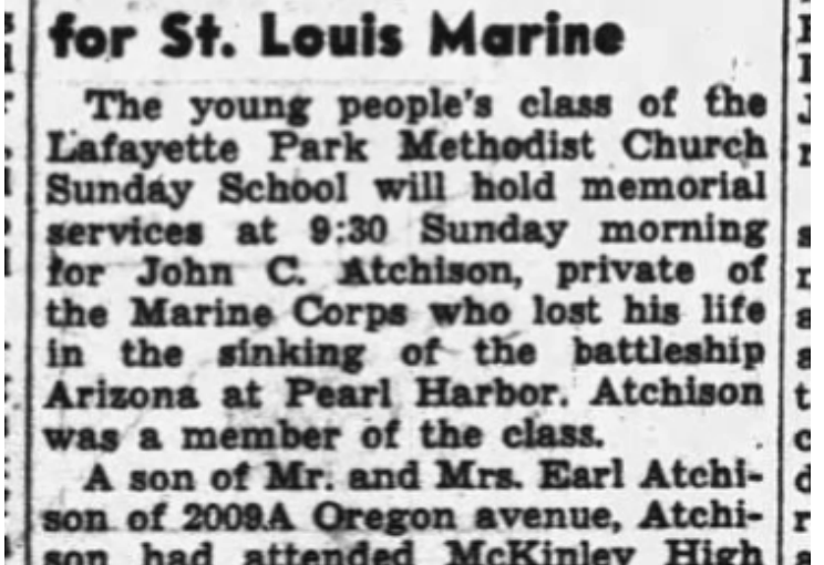 John calvin atchison newspaper clipping USS Arizona