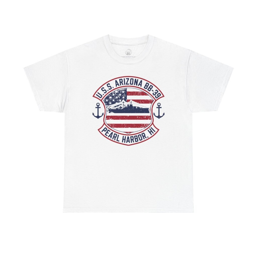 U.S.S. Arizona BB-39 American Shield w/Double Anchor Front Design Tee – Patriotic Pearl Harbor Tribute