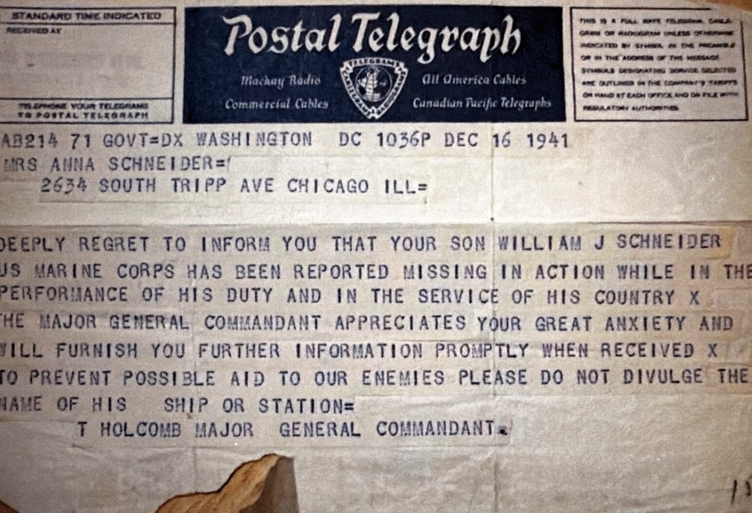 USS Arizona telegram