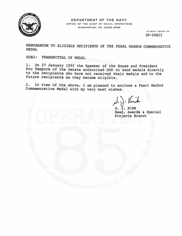 Pearl Harbor Medal Letter