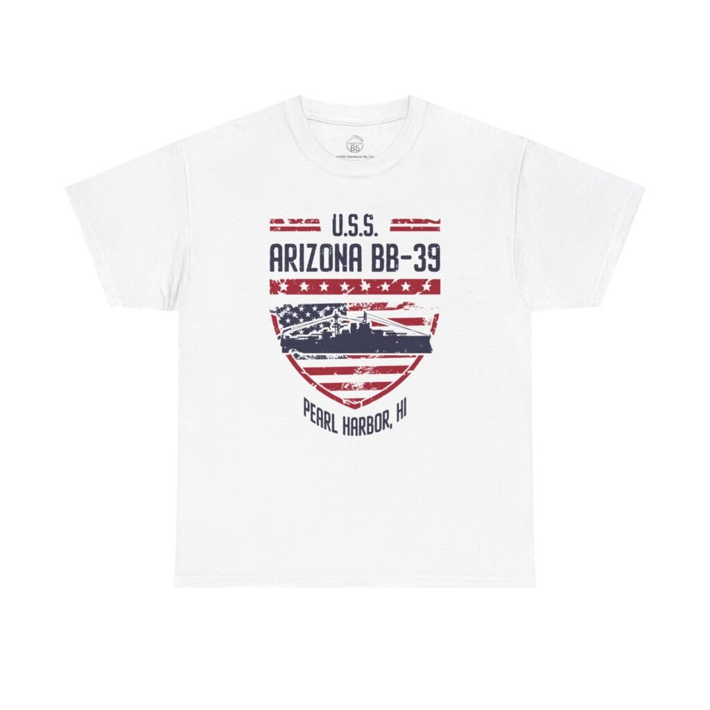 USS Arizona BB-39 Patriotic Shield Tee, Pearl Harbor, HI – Vintage Americana Tribute Shirt