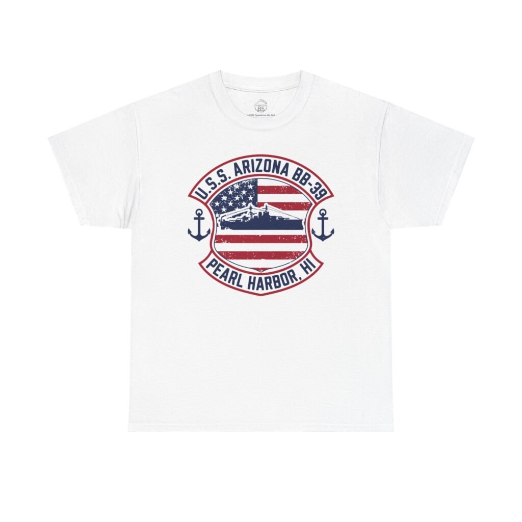 U.S.S. Arizona BB-39 American Shield w/Double Anchor Front Design Tee – Patriotic Pearl Harbor Tribute